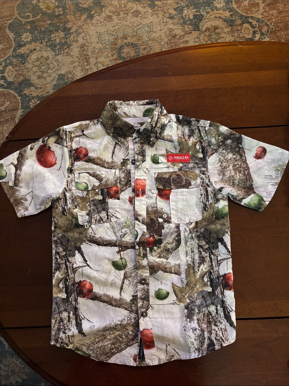 Magellan Outdoors Boys Short-Sleeve Camo Button-Down with Red & Green Accents